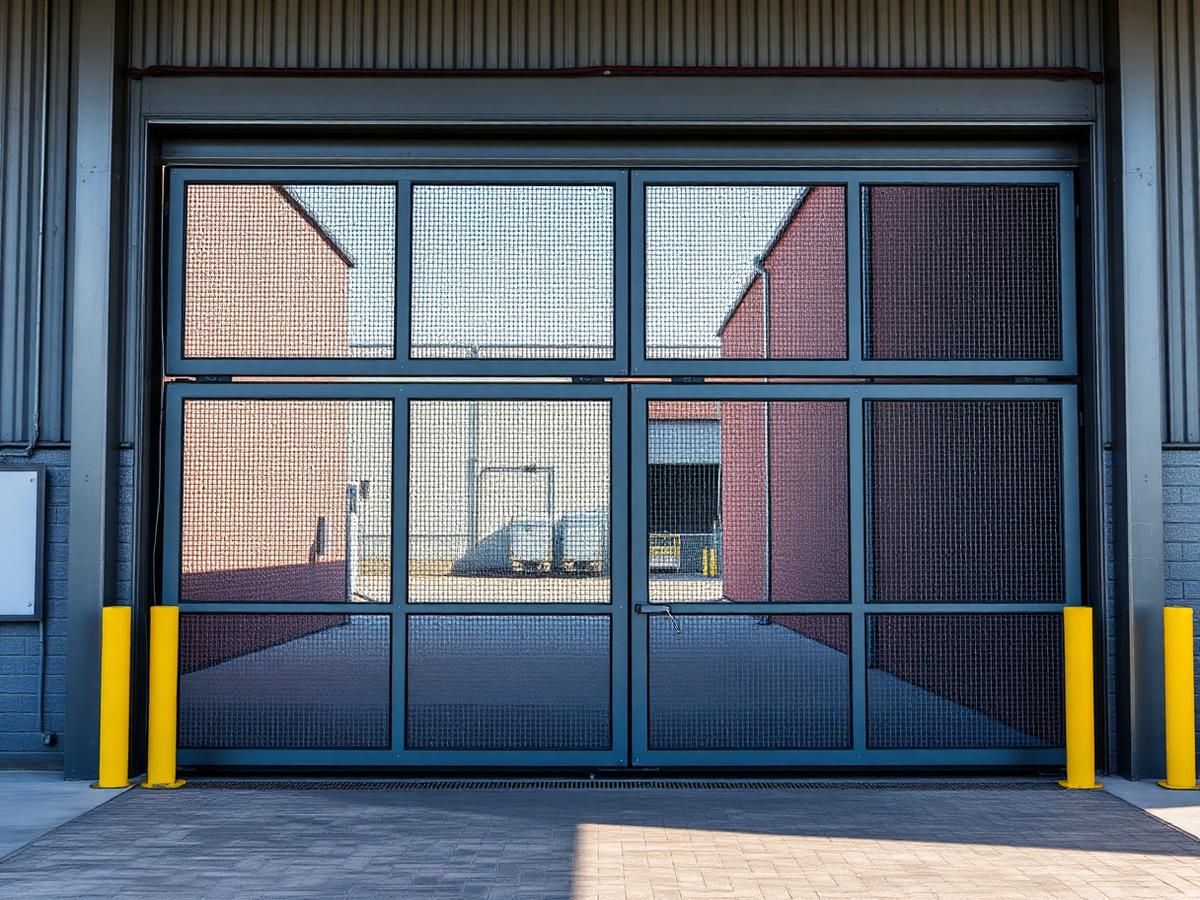Portão metálico industrial com painel gradeado
